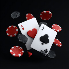 Playing card and casino chips poker game elements in 3D realistic design set. Vector aces hearts and spades, clubs and diamonds. Leisure hobby entertainment gambling game objects, red and black