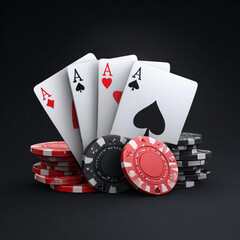 Obraz premium Playing card and casino chips poker game elements in 3D realistic design set. Vector aces hearts and spades, clubs and diamonds. Leisure hobby entertainment gambling game objects, red and black