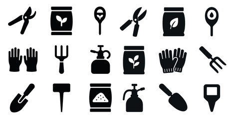 Gardening tools solid icons set &ndash; filled, planting, landscaping symbols