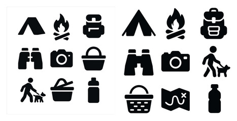 Camping and outdoor silhouette icons set – solid, adventure, nature equipment symbols