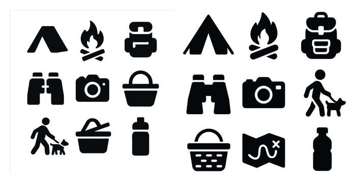 Camping and outdoor silhouette icons set – solid, adventure, nature equipment symbols