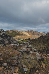 Obraz premium Colorful Rhyolite Mountains and Settlement in Landmannalaugar, Iceland
