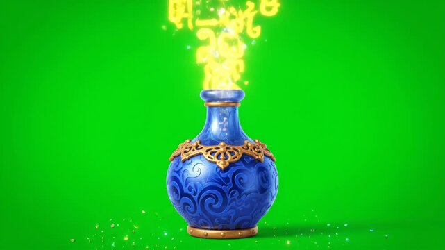 Dynamic Magical Blue Potion Bottle Appearing with Golden Sparkles on Green Screen