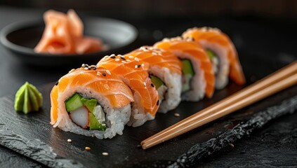Delicious Salmon Sushi Rolls on Slate Plate