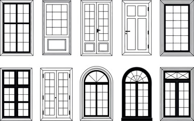 Illustration showcasing ten different window and door designs with varying grid patterns and shapes