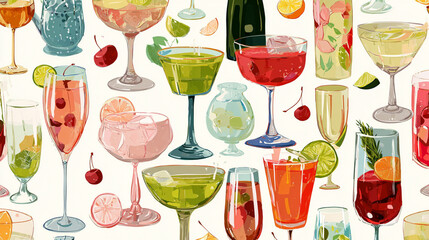 Seamless pattern with glasses and goblets of alcoholic drinks on a white background. Different types of glasses and goblets with cocktails and wines create a cheerful mood. Flat 