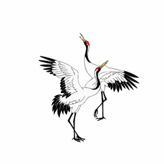 Fototapeta premium Two cranes dancing with outstretched wings in traditional style 