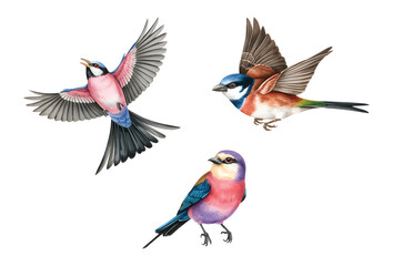 Hand painted Lilac-Breasted Roller birds in vibrant colors with flying and perched poses on white background.