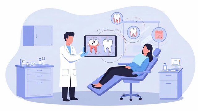 Flat vector a dentist is examining a patient in a dental clinic, using an xray scan to check the health of the teeth, providing professional treatment and care