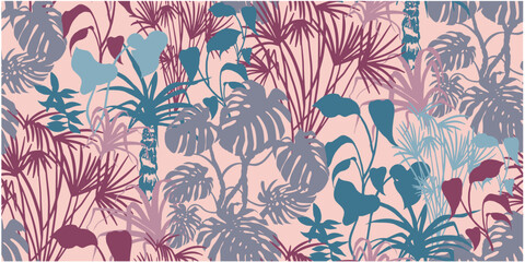Obraz premium modern tropical pattern with monstera bushes in practical unisex shades on vector for surface and fabric design