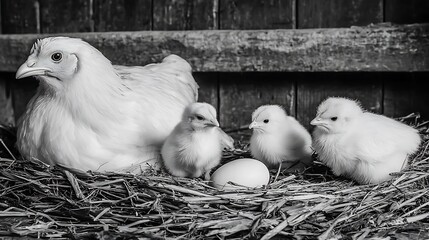 the image shows a hen sitting in a nest with three chicks and an egg. the nest is made of straw and twigs, and is set against a background of rustic boards
