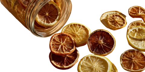 Dehydrated lemon and orange slices in a glass jar, a vibrant display of dried citrus fruit for healthy snacks and festive decorations