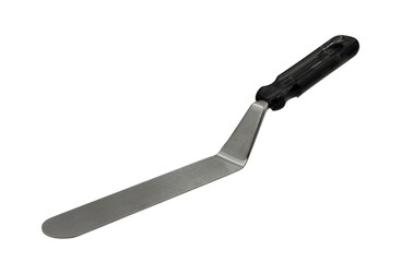 Photo of a stainless steel icing spatula with offset blade for cake decorating, smoothing frosting, and precise spreading in baking and pastry applications, isolated on white background.