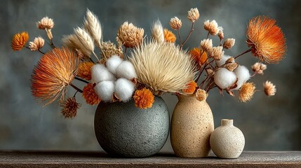 Dried flower composition in tan and white vase