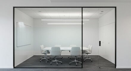 A glass wall in an office with a white table and chairs showing a reactive glass partition adjusting opacity based on motion in a meeting room