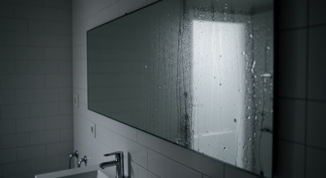 Bathroom mirror reflecting a misty door