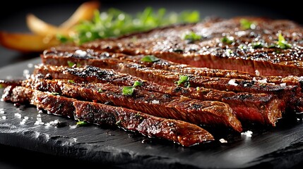 the image presents a sliced grilled steak on a dark, rough surface, possibly slate