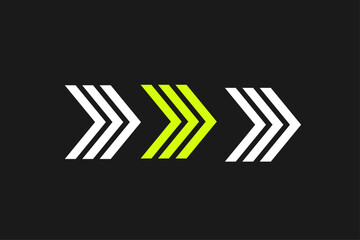 White and yellow arrow symbols pointing right on black background for modern speed and motion design