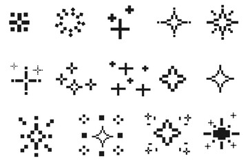 Pixel sparkle icon set in black on white background with various glowing star and twinkle symbol designs