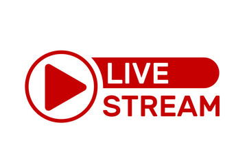 Red play button icon with bold text live stream isolated on white background for online broadcasting