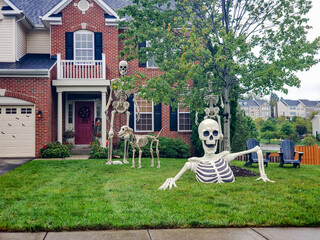 Funny  Halloween Yard Display. Spooky holiday decorations with skeletons on a suburban lawn.