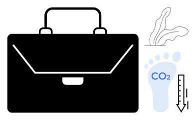 Black briefcase alongside carbon footprint graphic, thermometer, and plant leaves. Ideal for eco-business, sustainability, environmental impact, green jobs, climate change, corporate responsibility