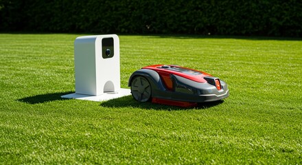 A lawn mower with a red and black mower mower showing a robot lawn mower parked at its charging dock on a trimmed lawn