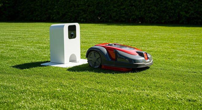 A lawn mower with a red and black mower mower showing a robot lawn mower parked at its charging dock on a trimmed lawn