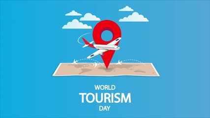 Tourism world day airplane map location travel concept, art video illustration.
