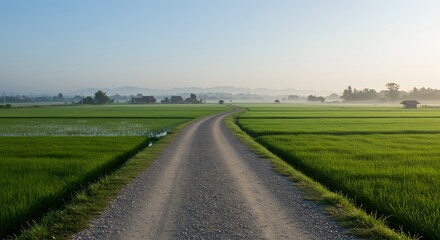 Naklejka premium Winding rural road amidst vibrant green rice fields under a hazy sky