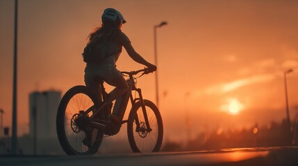 Obraz premium A lone cyclist pursues freedom during golden hour ride with fiery sunset on transparent background