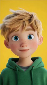 A young boy with blonde hair, blue eyes, and wearing a green jacket smiling against a yellow background.