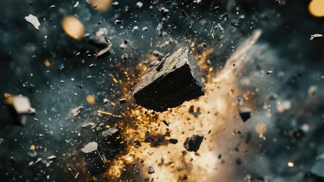 Explosion of rocks and debris in a dimly lit space, great for representing chaos or destruction