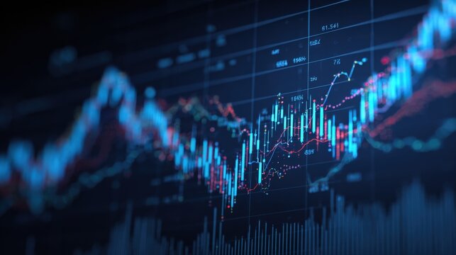 stock market or cryptocurrency trading chart. The glowing red and blue candlestick bars and rising lines represent a dynamic and futuristic financial market, conveying a sense of growth and analysis.