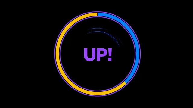 Flat UI-style animation of a circular XP meter filling up with energy rings pulsing outward, "LEVEL UP!" text pops with confetti burst, loop seamlessly resets, neon-inspired palette of violet