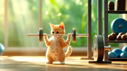Orange tabby kitten standing upright, lifting barbell in sunlit home gym with exercise equipment. Playful pose mimicking human weightlifting. Bright interior with blurred green background.