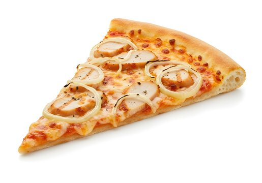 Classic thin crust pizza slice topped with grilled chicken, onions, and melted cheese, isolated on a white surface with clean,  white background.
