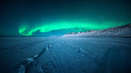 A vast landscape of snowy, icy plains stretches out against a backdrop of snow-capped mountains. Bright green northern lights illuminate the night sky.