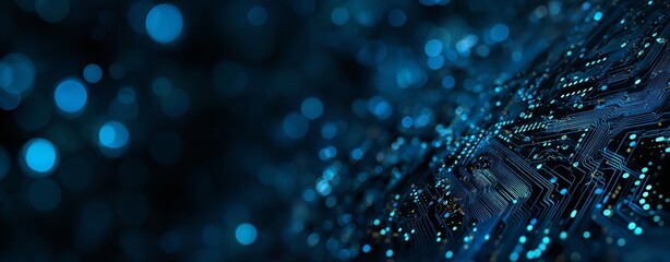 Circuit board with bokeh effect creating a high tech modern background.