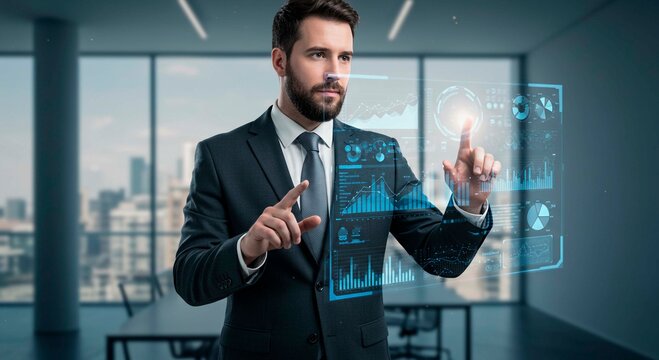 Businessman interacting with holographic interface in modern office setting with city view visible