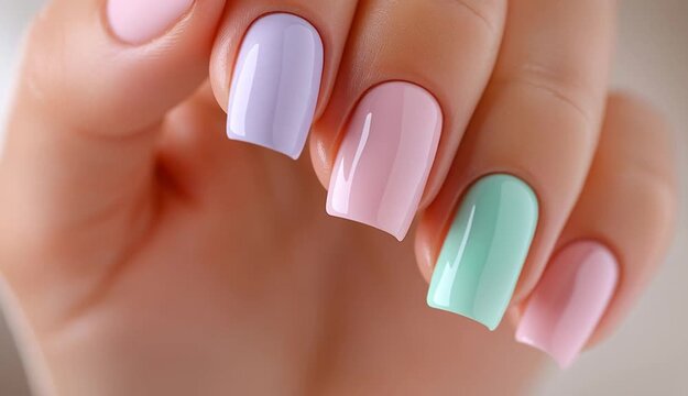 close-up of a woman's hand with perfectly manicured nails, painted in soft pastel colors: light lavender, mint green, and different shades of pink
