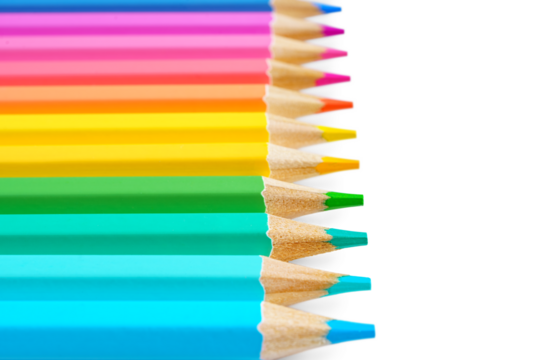 Colorful sharpened wooden pencils arranged in row, isolated on white, transparent background. Close up, macro, copy space. Bright, vibrant stationery concept for art, school, office related visuals.