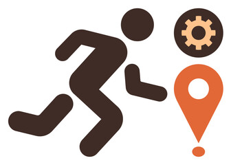 Silhouette of a person running toward a pin marker and gear icon, signifying progress, achievement, or teamwork. Ideal for goal setting, strategy, navigation, fitness, business progress planning