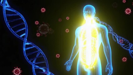 human figure , floating dna molecule and Floating virus particles on blue background. - Powered by Adobe