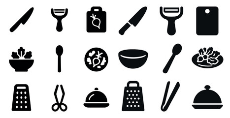 Cooking and kitchen tools solid icons set – silhouette, filled, culinary and chef symbols