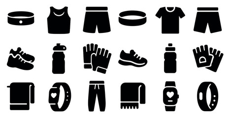 Fitness and gym solid icons set – workout, flat, exercise and training symbols