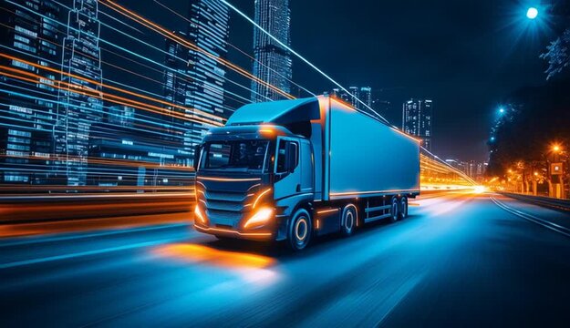 Delivery truck moving fast at night in city. Abstract art with digital grid wireframe style. Logistics, transportation, business - Powered by Adobe