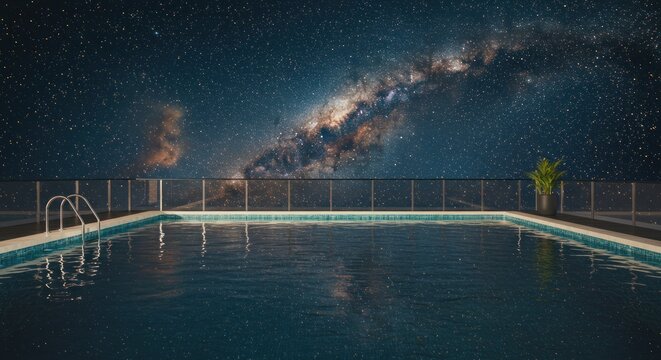 Rooftop pool under starry sky