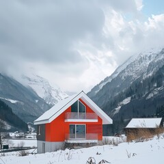 Red alpine chalet, snowy mountain valley, winter landscape, potential vacation rental