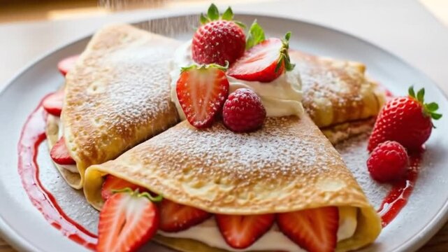 French crepes folded with strawberries and cream